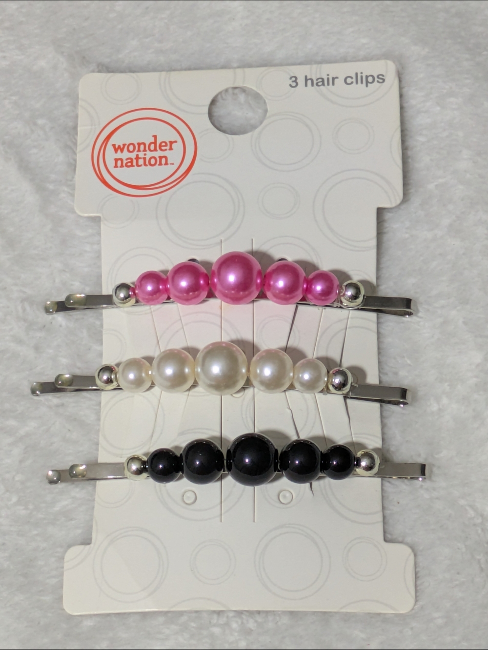 Wonder Nation Girls Faux Pearl Hair Clips 3 Pack Pink White Black Bobby Pins NWT